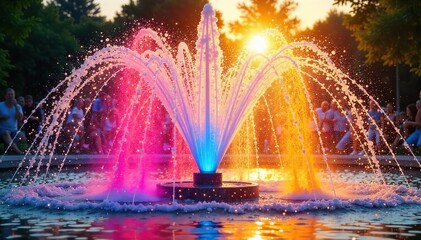 Fototapeta premium Joyful splashes of vibrant color burst from a singing fountain, creating a mesmerizing display of water and light Perfect for concepts of fun, energy, and summer , droplets, clean