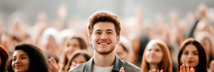 Smiling young man in casual clothes standing in a crowd of applauding people at an outdoor event