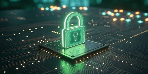 Glowing green padlock on a microchip representing cybersecurity and data protection
