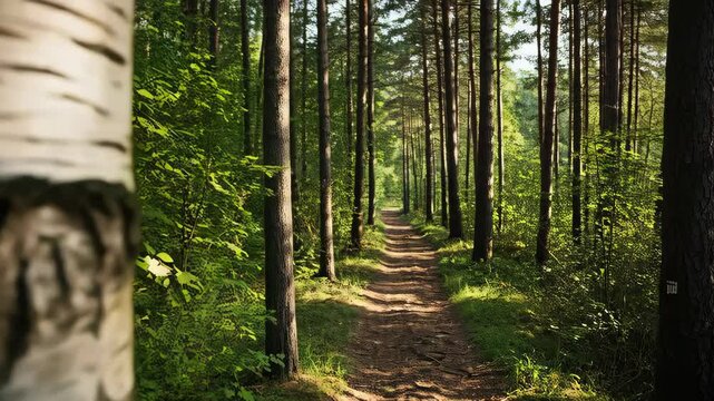 Forest path with map on a tree