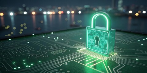 Glowing green padlock on a circuit board with a blurred city skyline at night