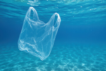 A plastic bag gracefully floats underwater, symbolizing ocean pollution and environmental concerns.