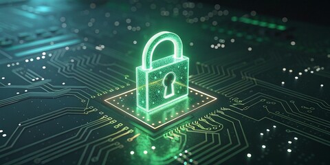 Glowing padlock on a circuit board representing cybersecurity and data protection