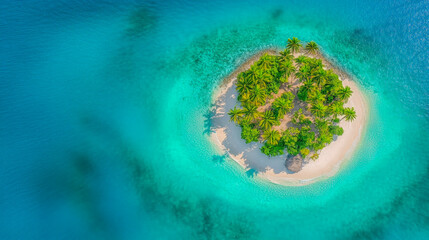 Aerial tropical island surrounded by turquoise waters and lush greenery ideal for travel destination marketing content and island getaway inspiration for tourism campaigns