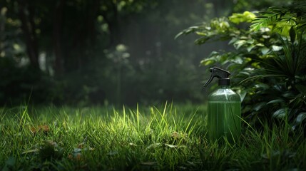 A bottle of eco-friendly pesticide for natural outdoor insect control on a lush green lawn.