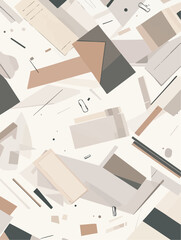 Asymmetrical vector layout with scattered paper elements, cards, and tabs on white background, ideal for business branding, office scenes, and print-ready designs