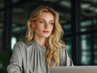 Female executive in office using laptop to work on business projects. Thoughtful, focused demeanor.