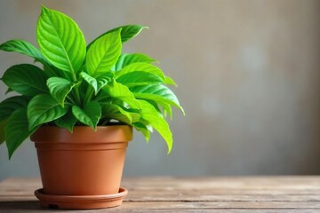 Fototapeta premium A vibrant green potted plant with lush leaves, thriving in a terracotta pot on a rustic wooden table Perfect for home decor, gardening, and spring themes , gardening, background, vitality