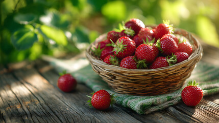 A rustic wicker basket filled with ripe strawberries rests on a wooden table in a sunlit garden, evoking freshness and countryside charm.