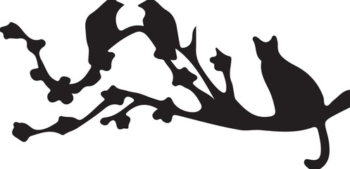 Silhouette of Cat and Birds on a Tree Branch – Vector Illustration