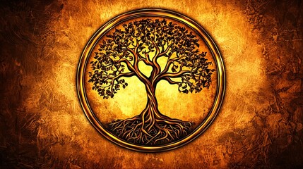 emblem-style drawing of a mahogany tree with mirrored roots and branches, golden hue on aged parchment background, central placement with space around emblem tree mahogany circular mirrored 
