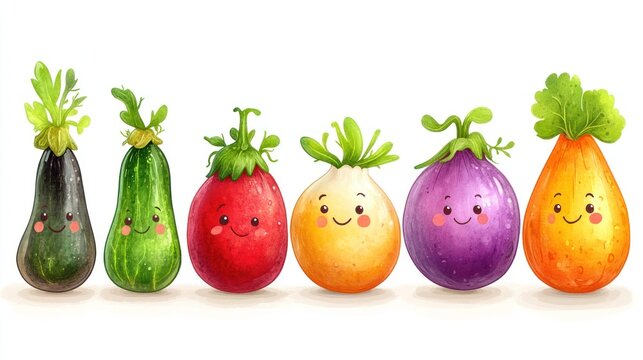 Happy cartoon vegetables row, white background, food illustration, recipe design