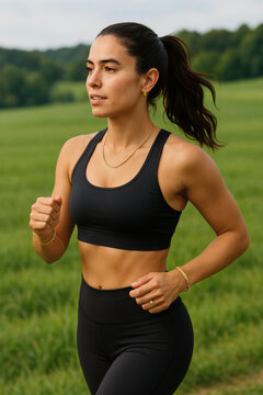Mujer joven haciendo ejercicio al aire libre, corriendo en campo verde con ropa deportiva, estilo de vida saludable, bienestar f&iacute;sico y actividad fitness en la naturaleza