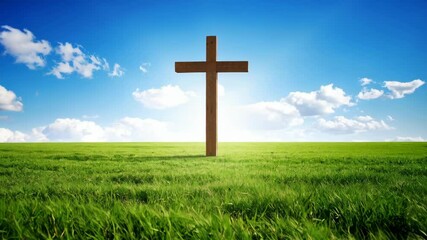 Wooden cross stands in a grassy field under a bright blue sky with puffy white clouds on a sunny day, symbolizing faith and hope.