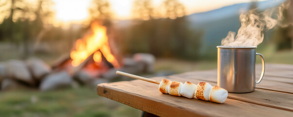 A stick with toasted marshmallows resting on the edge of a wooden camp table beside a tin mug of hot cocoa.
