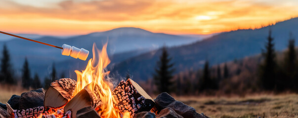 Toasted marshmallows on a stick holding over a campfire with blurred background of forest. Outdoor adventure and recreation concept.