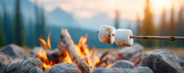 Toasted marshmallows on a stick holding over a campfire with blurred background of forest. Outdoor adventure and recreation concept.