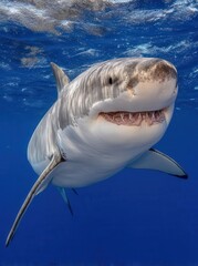 Fototapeta premium In the blue Pacific Ocean at Mexico's Guadalupe Island, a great white shark swims with its four primary fins under the warm rays of the sun