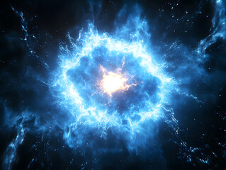 A vibrant blue energy burst explodes from a central point, radiating outwards against a stark black background. The light is intense, creating a dynamic and powerful visual.