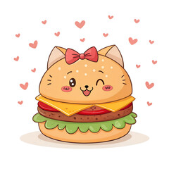 Cute Kawaii Illustration of a Smiling Cat-Shaped Burger with a Pink Bow