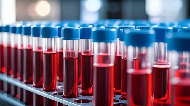 Lab tests in test tubes with blood samples for medical research and analysis in a clinical setting with blue lids