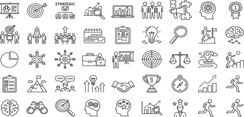 Business strategy set of web icons in line style. Business solutions icons for web and mobile app. Action List, research, solution, team, marketing, startup, advertising, business process, management