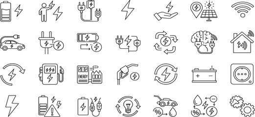  Charging Web Icon Set in Line Style. Collection of Electricity Linear Icons, Including wireless charging, charge, energy, socket, battery, charging station, ev, electric car and More. Editable Stroke