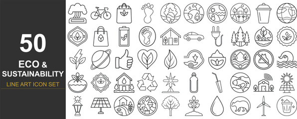 50 Clean Line Art Vector Icons Focused on Sustainability, Eco Living, and Climate Responsibility Including Recycling, Green Energy, Organic Farming, and Zero Waste for Environmental Awareness Projects
