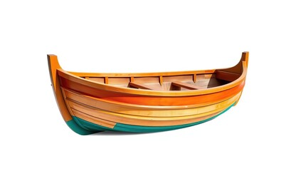 A wooden rowboat with a teal, orange, and yellow paint job, sitting on a white background