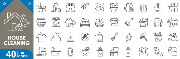 House cleaning line icons set vector illustration. Broom, mop, vacuum cleaner, bucket, spray bottle, gloves, laundry basket, washing tools, hygiene, toilet cleaner, trash bag and more.