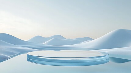 Abstract Minimalist Landscape with Circular Glass Stage, Tranquil Scene for Product Display and Serene Backdrop.