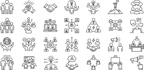 Team Web Icon Set in Line Style. Collection of Teamwork Linear Icons, Including team building, workshop, human resources, business people, group, team, organization, community. Editable Stroke.