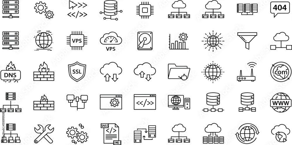Poster web hosting set of web icons in line style. hosting and cloud computing icons for web and mobile app