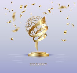 Golden champion cup isolated on white background. realistic 3d illustration. Championship trophy with glittering confetti particles. Sport tournament award. Victory concept