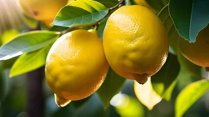Lemon tree branch with ripe juicy fruits. The sun's rays shine through the leaves. Natural fruit background outdoors. - Powered by Adobe