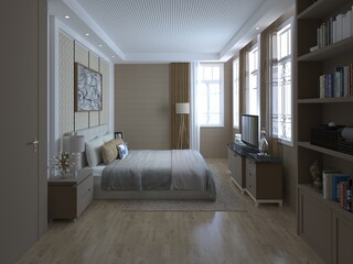 Mock up of an ideal bedroom with a fashionable comfortable bed and a stylish decorative background, 3D rendering.