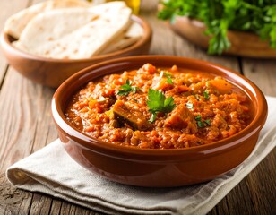 Spicy stew in a bowl with flatbread