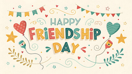 Happy friendship day with colorful lettering and festive decorations on a light background design look