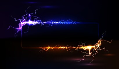 Lightning frame, blue and yellow electric rectangular frame with lightning effect.