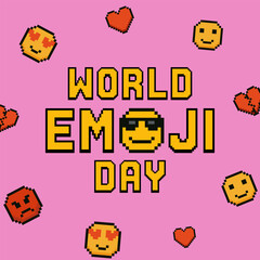 Vector illustration for World Emoji Day featuring fun pixel art style emojis and retro 8 bit design on a pink background. Includes various expressive smiley faces and hearts. Perfect for celebration