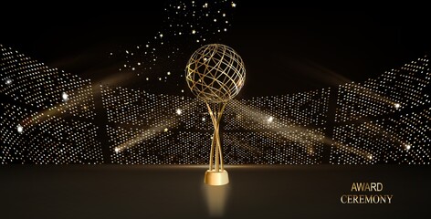 The golden stage illuminates the graphic background of the Royal Awards. Stylish abstract banner with the inscription speedy lines to receive a trophy certificate.