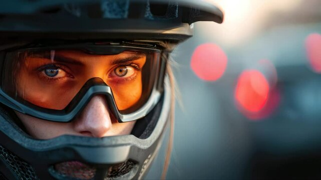 Portrait from the back of a mtb cyclist rider in an orange jacket and full face helmet and goggles looks into the distance outdoors and turns to the camera