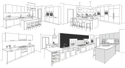 Naklejka premium Stylish modern kitchen design illustrations showcasing various layouts and furniture arrangements for thoughtful home decor inspiration, in black and white vector design 
