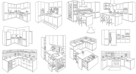 Stylish modern kitchen design illustrations showcasing various layouts and furniture arrangements for thoughtful home decor inspiration, in black and white vector design

