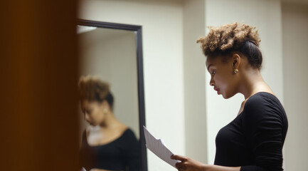 Young adult African-American woman polishing a TED Talk-style speech, rehearsing in front of a mirror and reviewing notes