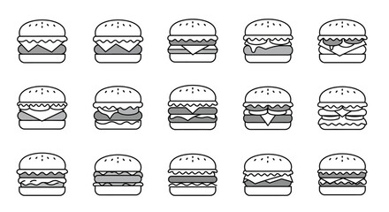 Collection of minimalist vector line icons representing different hamburger styles with varying toppings and sizes
