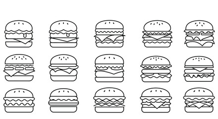 Collection of minimalist vector line icons representing different hamburger styles with varying toppings and sizes
