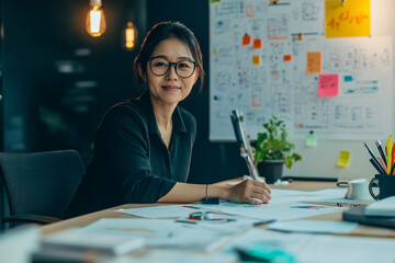 Mature Asian woman planning a client strategy, surrounded by flowcharts and a glowing vision board