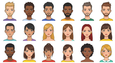 People avatar profiles. Male and female faces. Men and women portraits, colorful design
