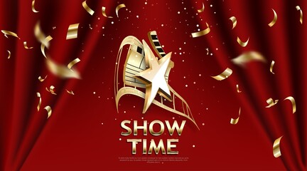 Show time, Cinema and Theatre hall with seats red velvet curtains. Shining light bulbs vintage and luxury festival flyer templates, golden realistic , music glowing vintage poster design